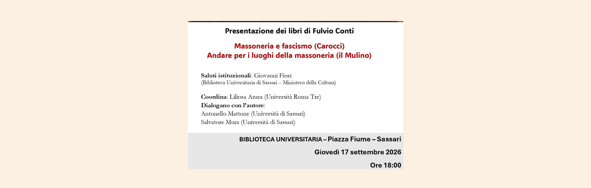 Banner evento con Lucio Conti sulla massoneria